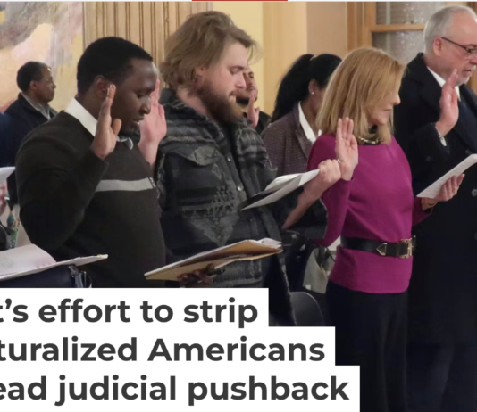 Dozens of immigrants from 18 nations take the oath to become U.S. citizens on Jan. 27, 2025, in Topeka, Kan. AP Photo/John Hanna